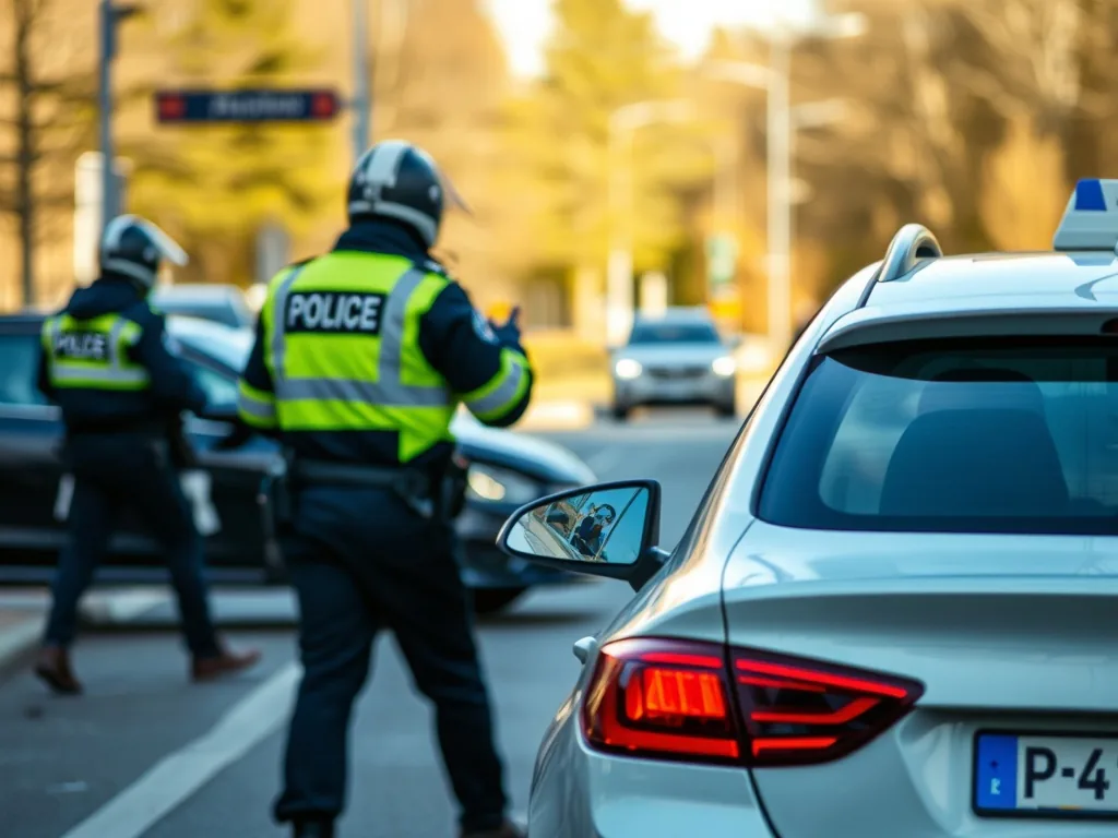 Gyrophare bleu allumé sur le toit d'une voiture de police accidentée, en pleine nuit, rue déserte avec traces de freinage.