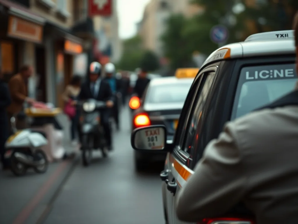 Plaque lumineuse taxi posée à côté d’une carte professionnelle de conducteur et d’un dossier administratif ouvert.