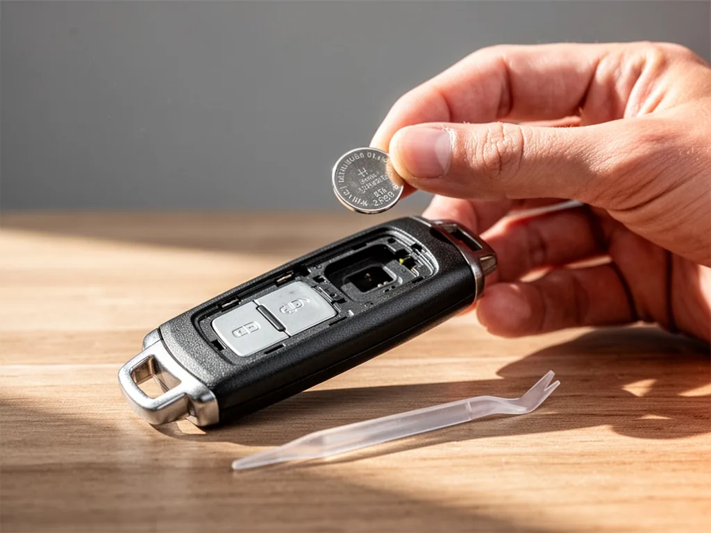 A car key fob with its back cover removed, a small lithium coin cell battery held above the slot, a plastic pry tool res