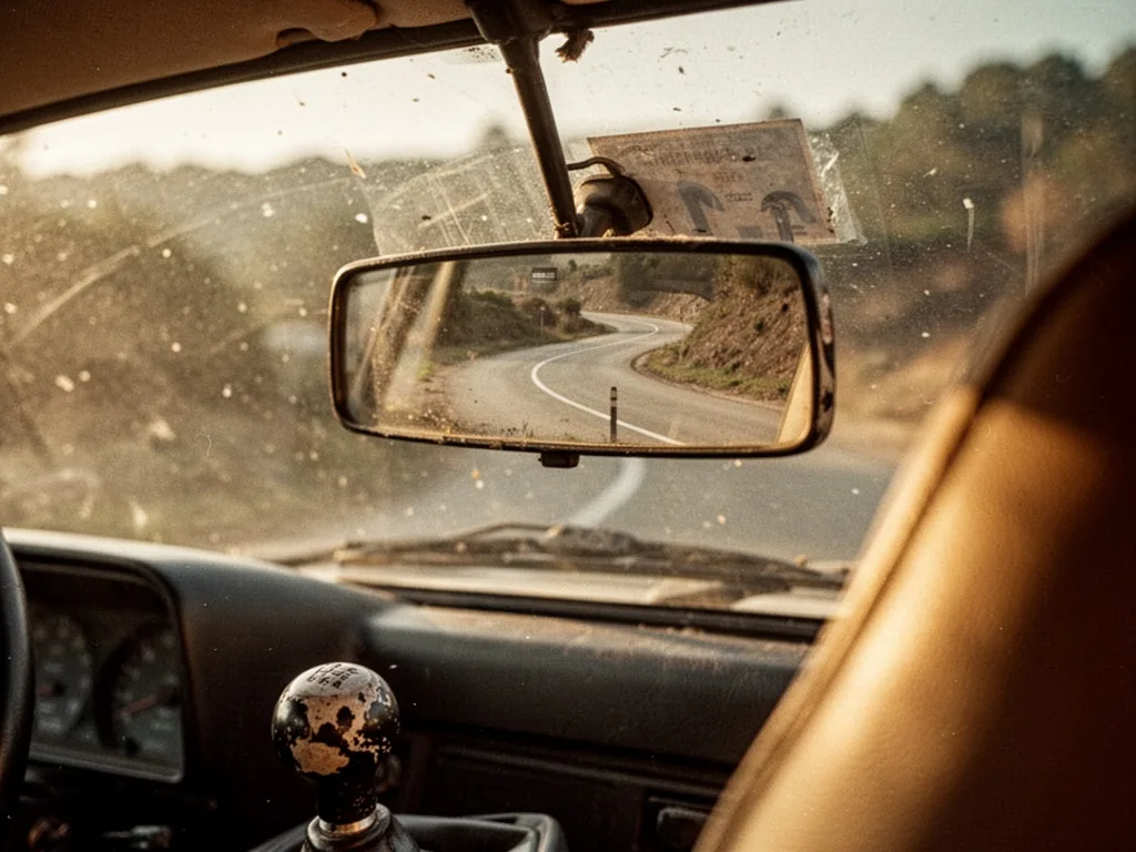 A worn driving school car rearview mirror reflecting a winding road, dust particles in warm afternoon sunlight, leather
