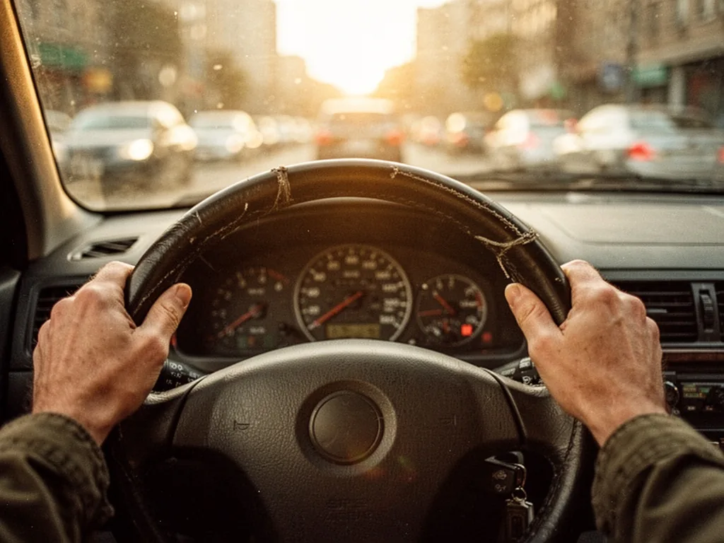 Two hands gripping a leather steering wheel at ten-and-two position, dashboard speedometer blurry in background, golden