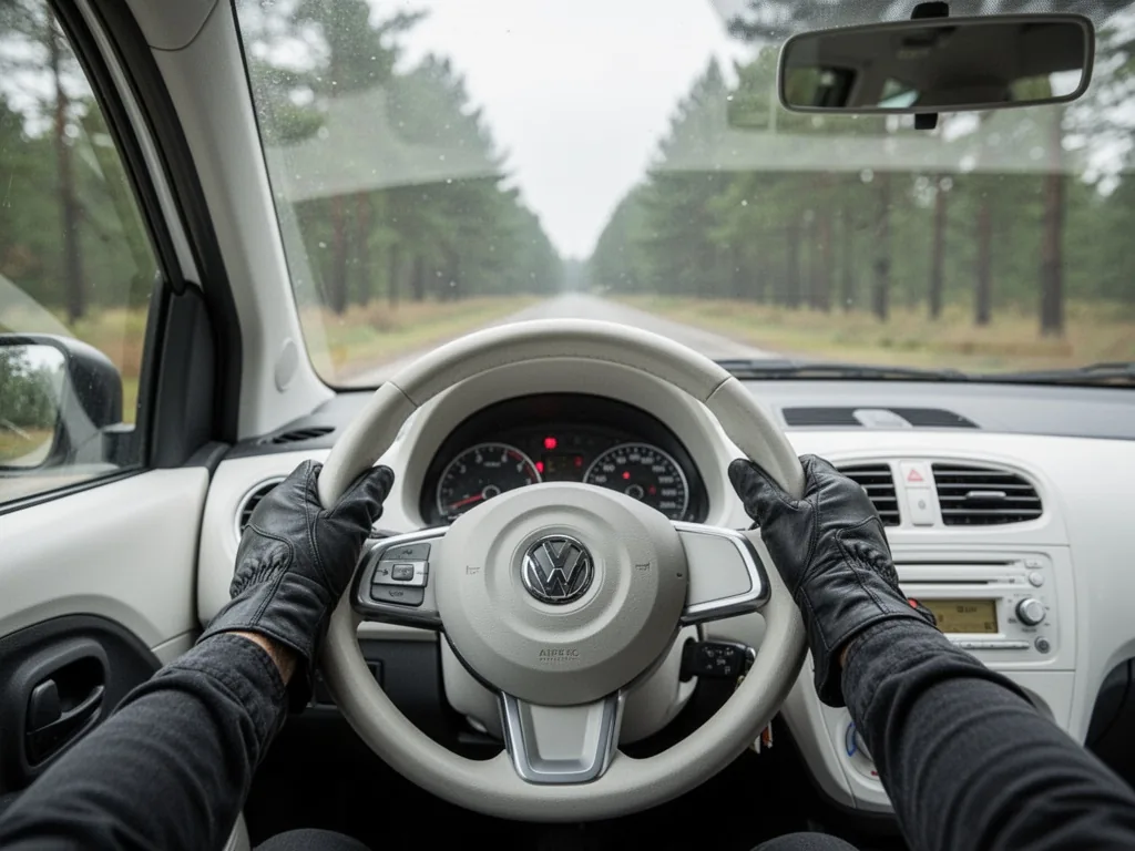 A white compact car steering wheel with two hands wearing black driving gloves, blurred trees and road ahead through win