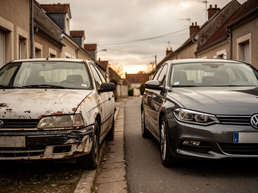 Two parked cars side by side on a quiet street in Écuelles, one with faded paint and a dented bumper, the other glossy a