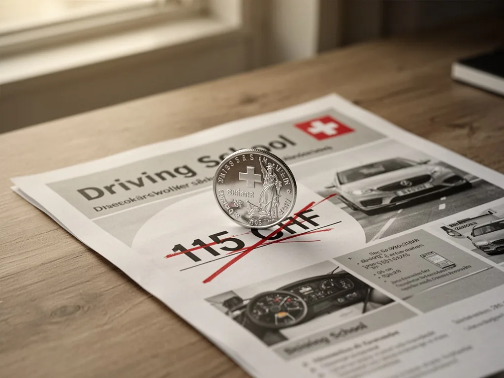 A silver Swiss franc coin on a driving school brochure with 115 CHF crossed out, wooden desk, soft morning light