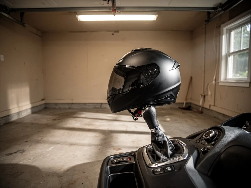 A black motorcycle helmet resting on a car's automatic gear shifter, garage floor, single overhead fluorescent light cas