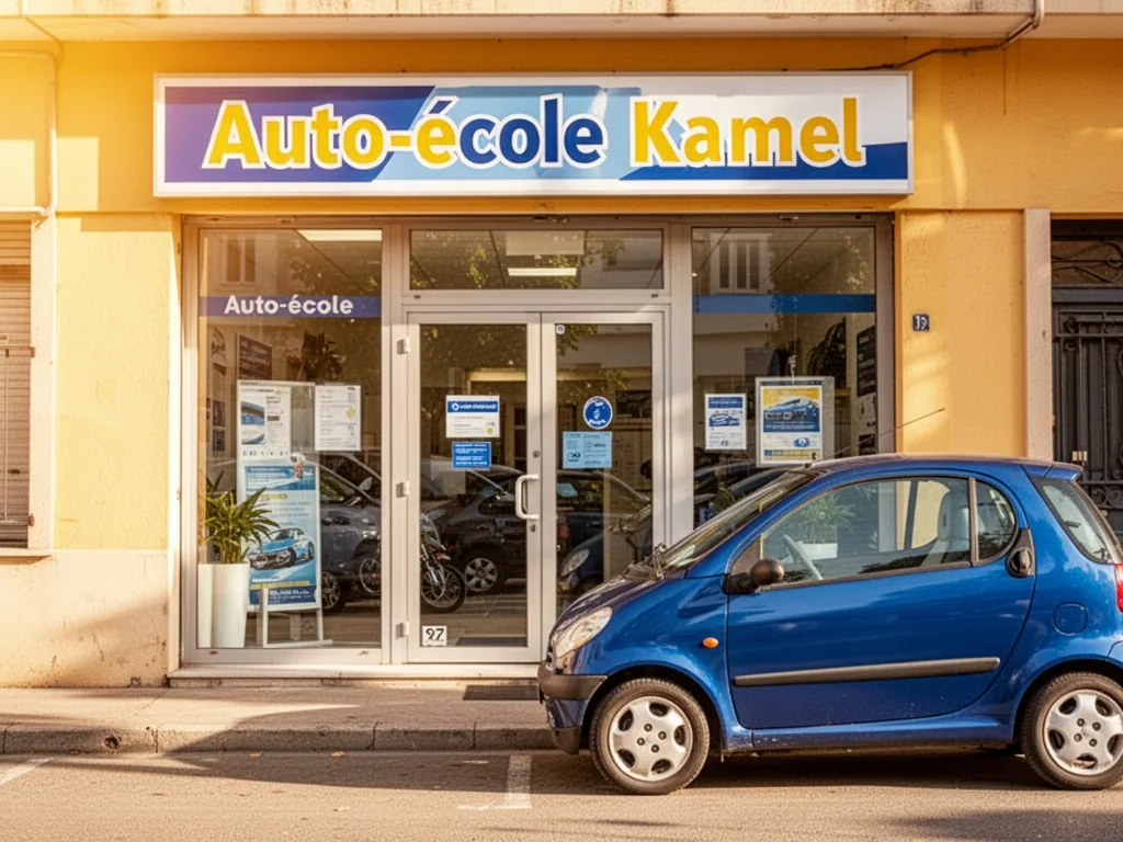 A storefront of a driving school with a glass door and a sign reading 'Auto-école Kamel', a small blue car parked in fro