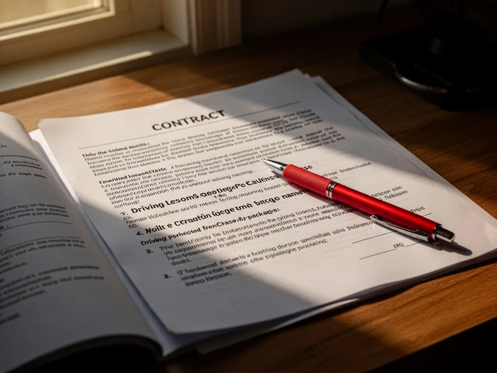 A contract document with fine print and a red pen resting on a clause about driving lesson packages, opened on a wooden