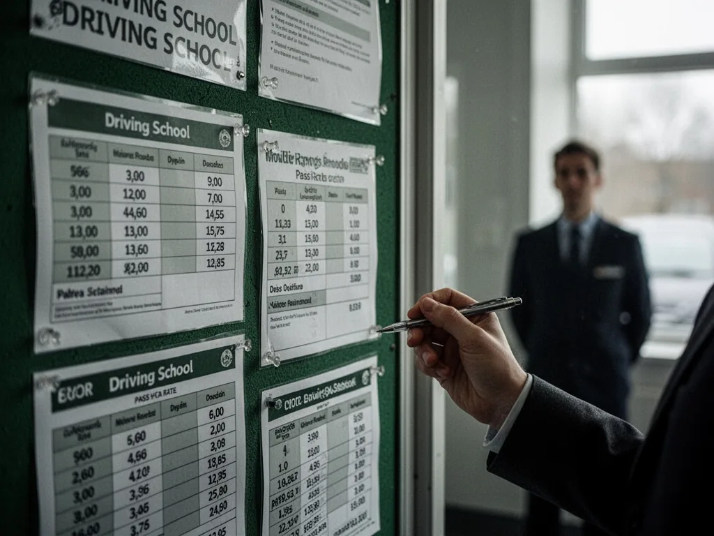 A driving school noticeboard with paper charts of pass rates, a student's hand holding a pen beside them, a blurred inst