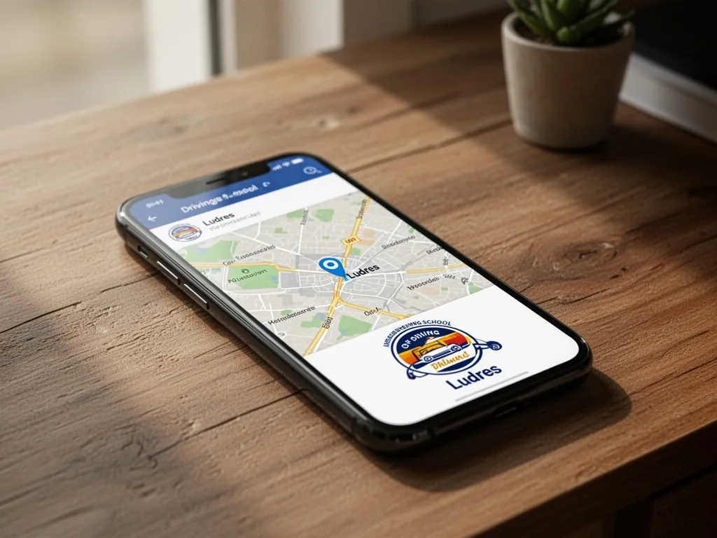 A smartphone screen showing a driving school app with navigation map of Ludres and two logos, placed on a wooden desk, s