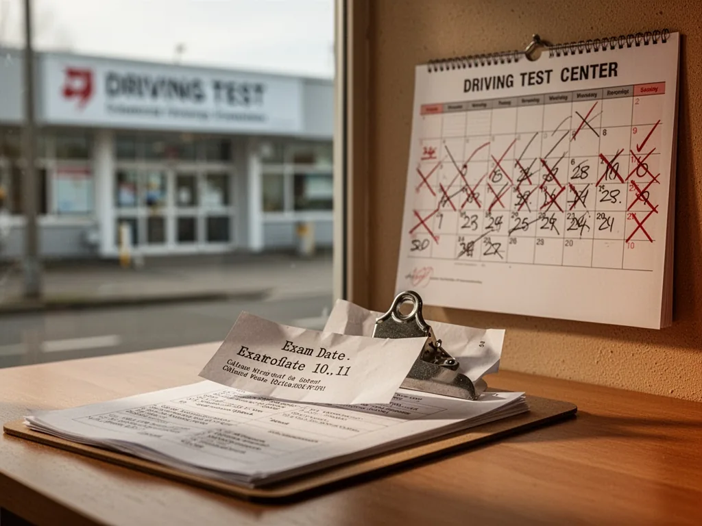 A clipboard with an exam date slip and a wall calendar showing crossed-off weeks, blurred driving test center building i