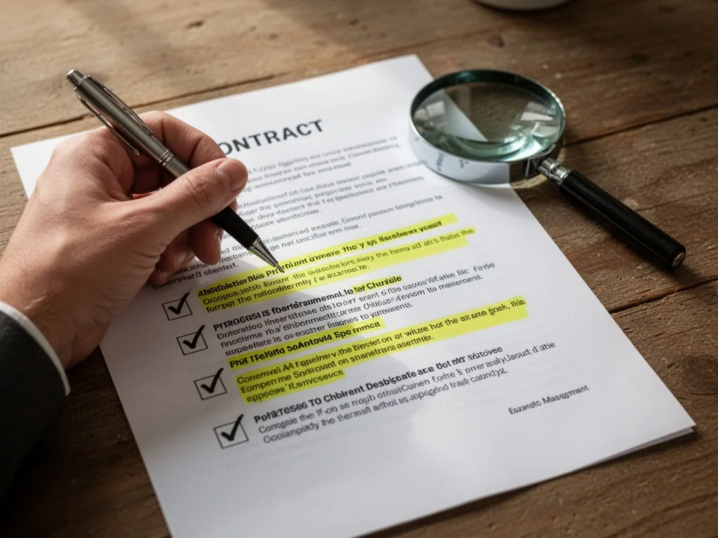 A hand holding a pen over a printed contract with five checkmark-highlighted clauses, magnifying glass resting nearby on