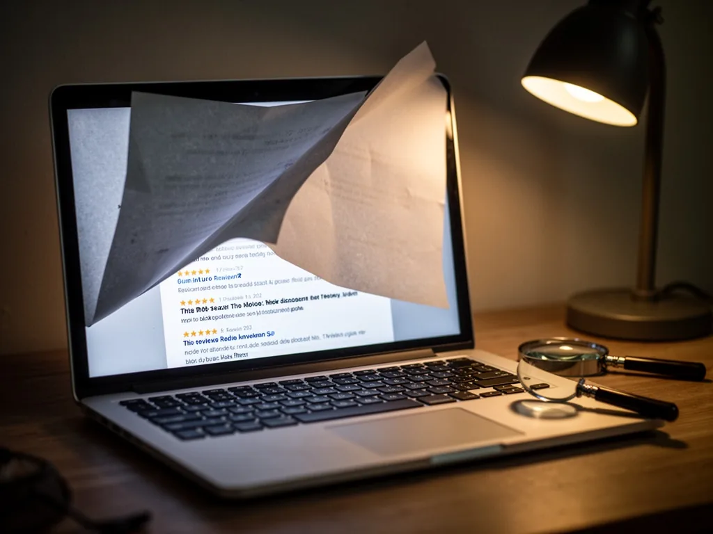 A laptop screen half-covered by a folded corner of a paper, glowing review snippets visible underneath, a small magnifyi