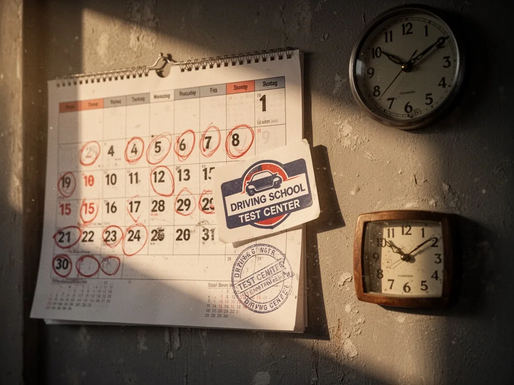 A wall calendar with circled dates, a driving school logo sticker partially overlapping a test center stamp, a small clo