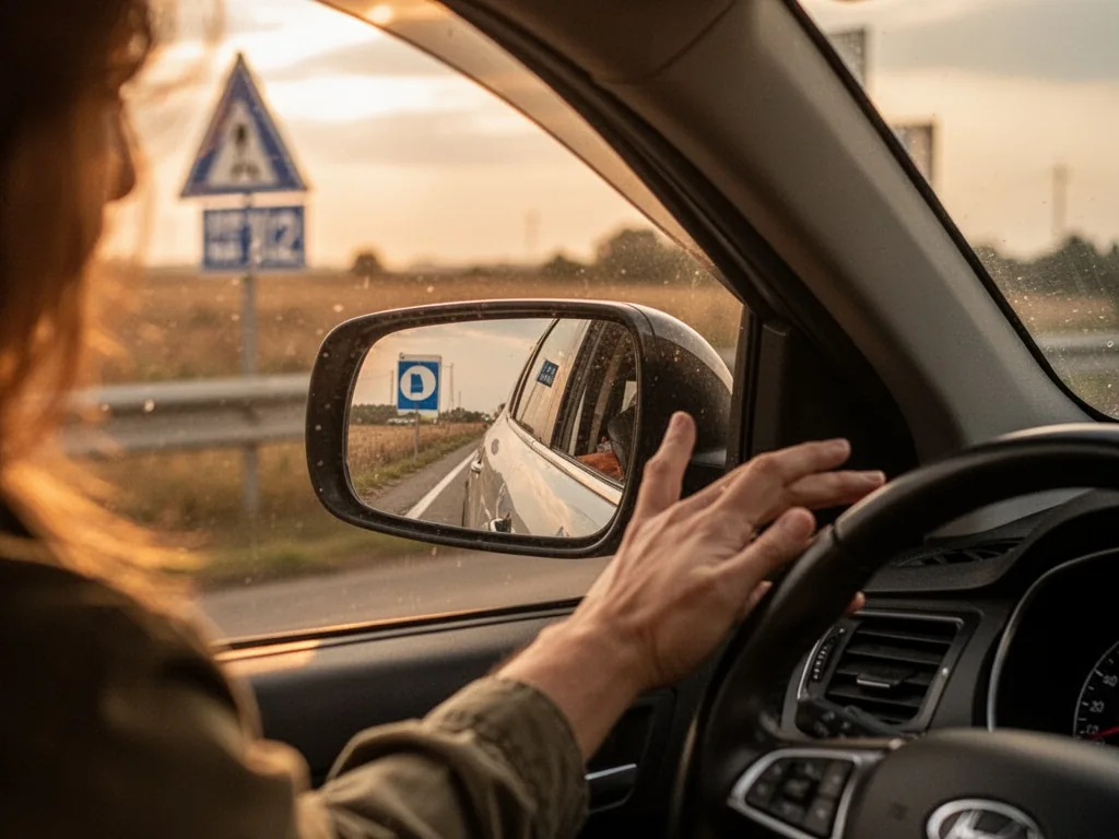 A driver's hand adjusting the rearview mirror during a practical exam, road sign reflected in the glass, warm golden lig