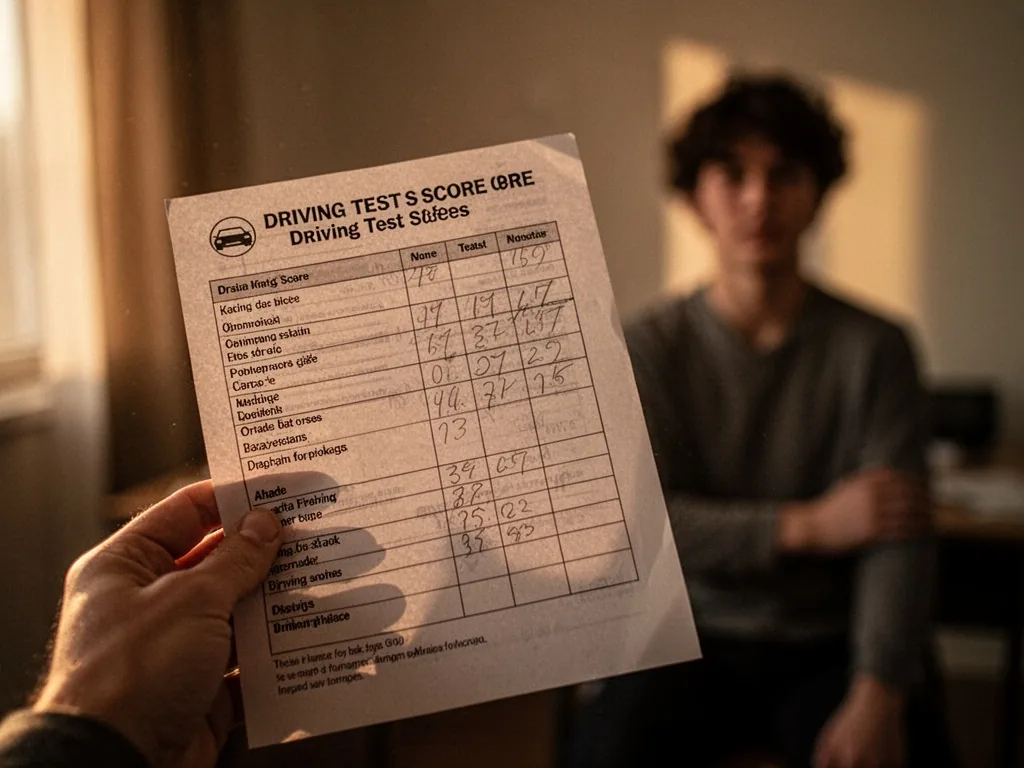 A hand holding a printed driving test score sheet with faint pencil marks, blurred silhouette of a student in background