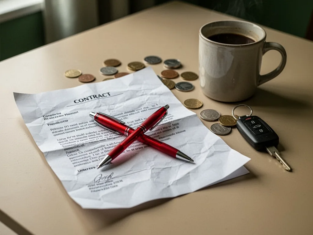 A crumpled contract paper with a red pen lying across it, scattered coins and a car key beside a coffee mug, shallow tab