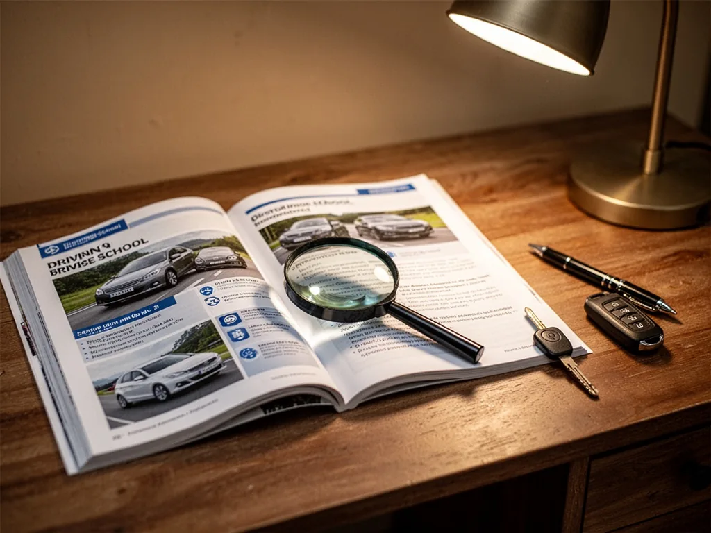 A wooden desk with an open driving school brochure, a magnifying glass over a page, a pen and car key beside it, soft ov