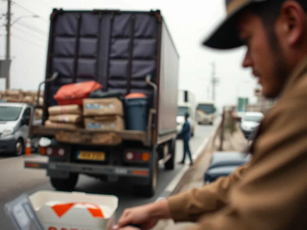 Bâche de camion d’occasion grise pliée sur une palette, à côté de sandows et de crochets de fixation.