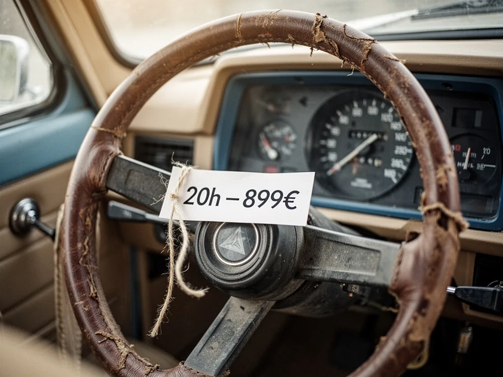 A worn leather steering wheel with a small white price tag reading '20h - 899€' tied with string, dashboard with speedom