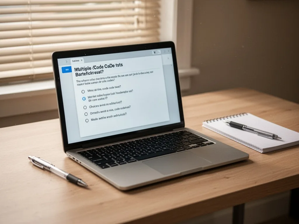 A laptop screen displaying a multiple-choice code test question, a pen and a notepad beside it, on a clean wooden desk,