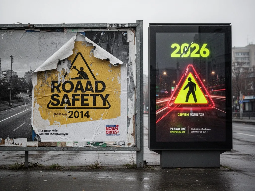 A weathered road safety poster from 2014 with a torn corner peeling on a metal billboard, a sleek digital panel for 2026