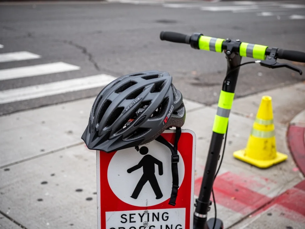 A bicycle helmet resting on a pedestrian crossing sign, a scooter handlebar with reflective tape in blurred background,