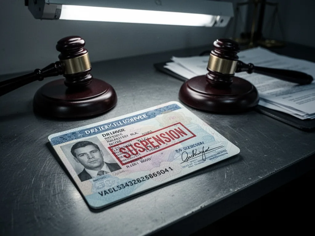 A driver's license partly covered by a red suspension stamp, lying on a metal desk beside a judge's gavel and legal pape