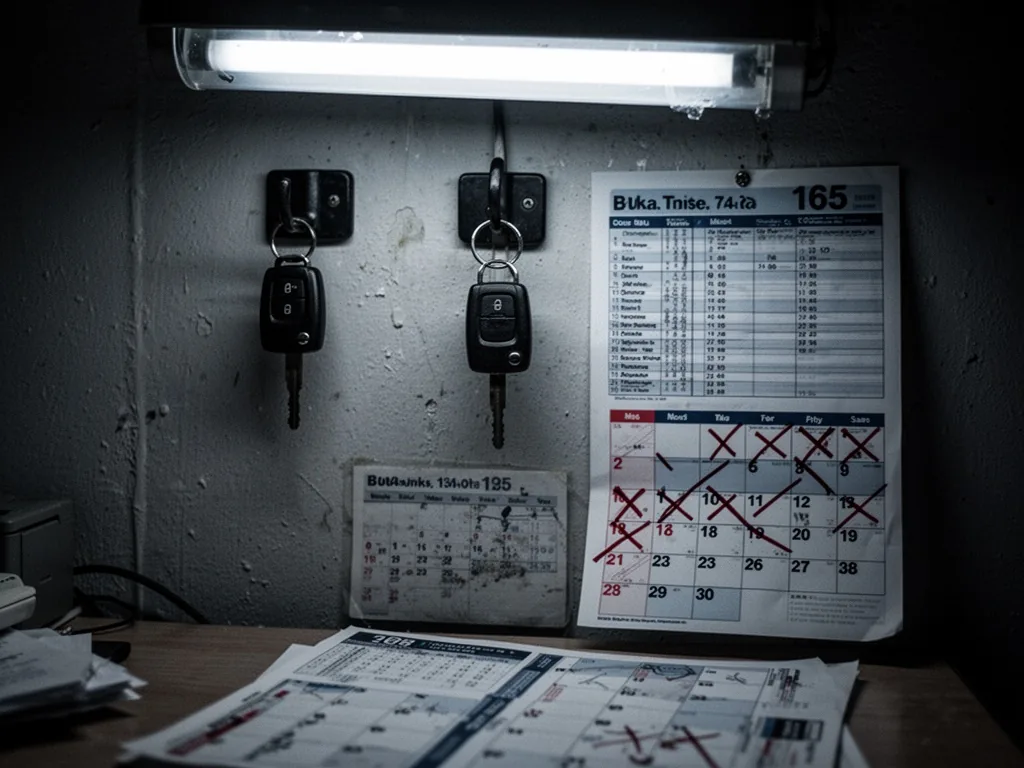 A car key hanging from a hook on a wall, a bus timetable and a calendar with crossed-out dates on a desk below, dim morn