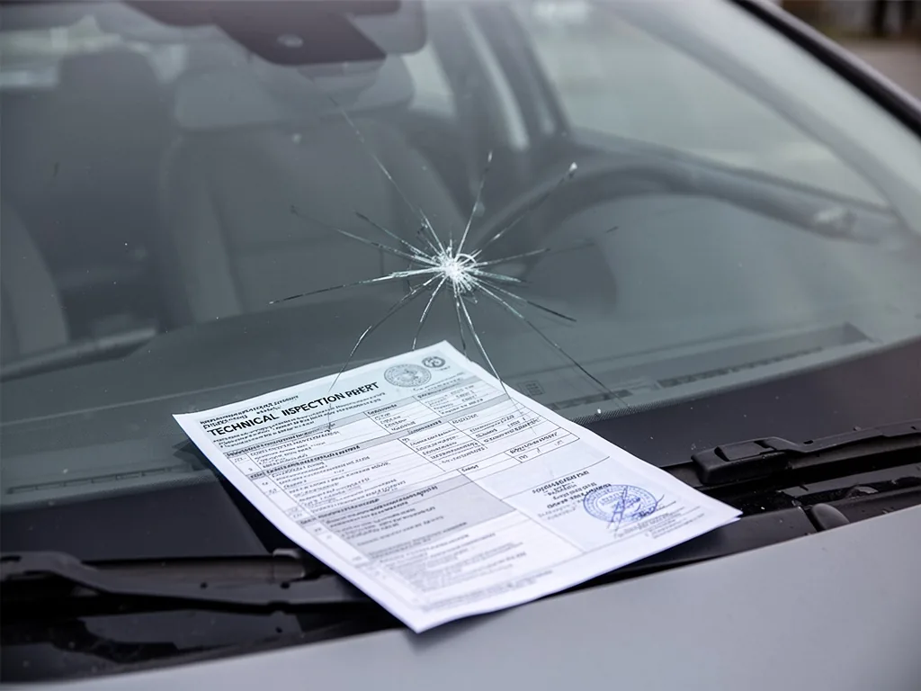 A car windshield with a small star-shaped crack, a technical inspection report sheet placed on the dashboard, cool grey