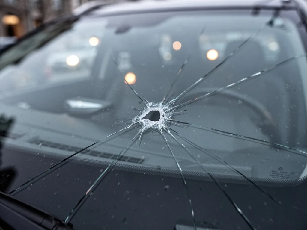 A windshield close-up with a single stone chip and a fine crack growing outward from it, reflected street lights visible