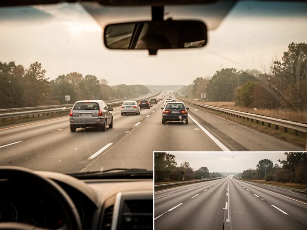 A windshield view of a multi-lane road with several cars ahead, contrasted by a smaller inset image of an empty road, so