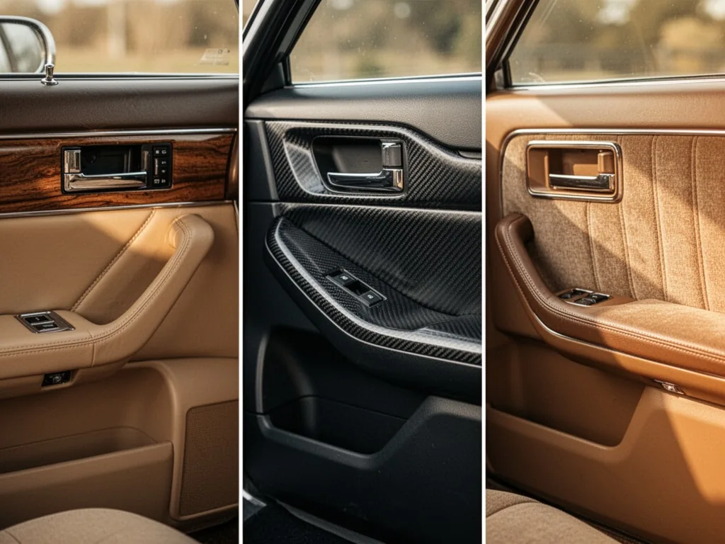 Three different car interior door panels side by side: classic wood trim, modern carbon fiber, and retro fabric, display