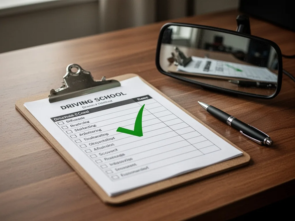 A clipboard with a checkmark on a driving school checklist, lying on a wooden desk beside a pen and a rearview mirror re