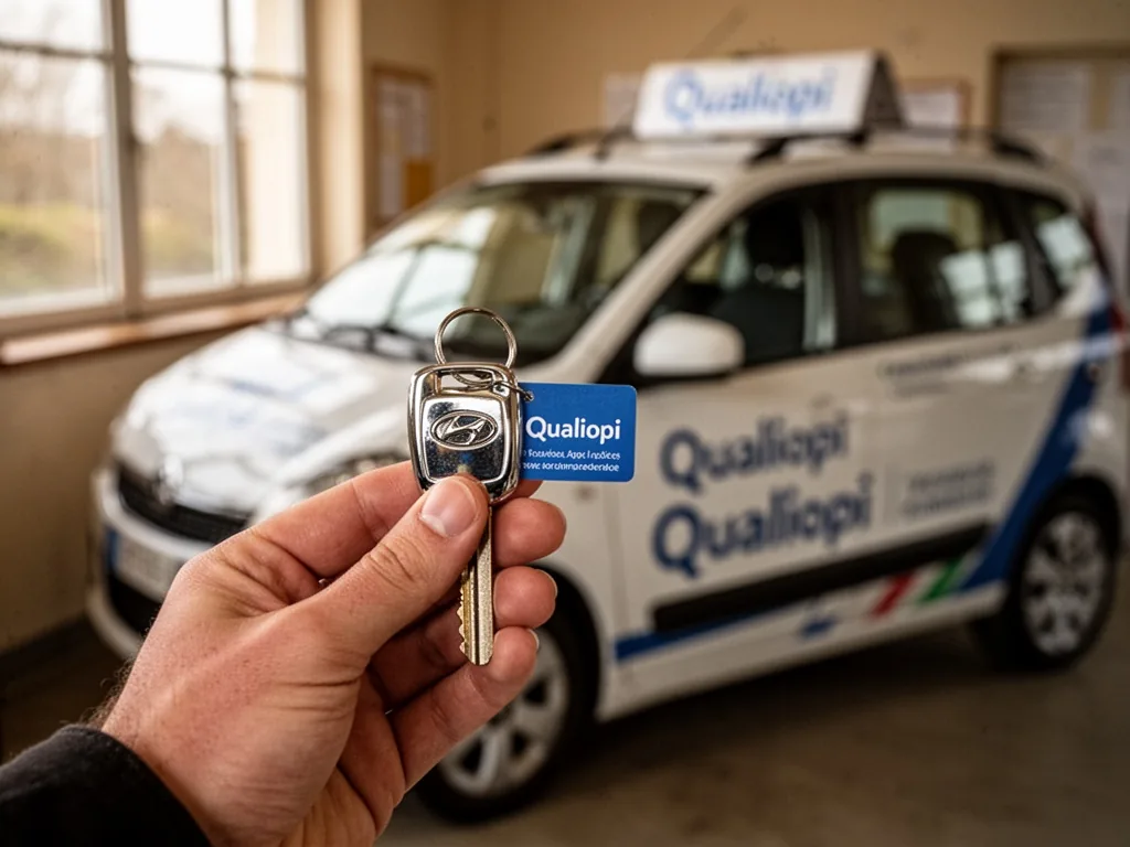 A student hand holding a shiny car key with a small blue Qualiopi label attached, blurred driving school car in backgrou