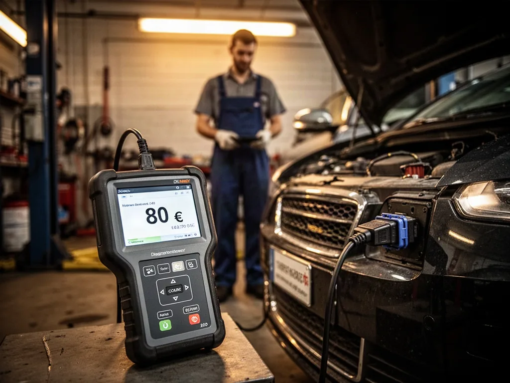 A diagnostic scanner plugged into a car's data port, its screen displaying a price of 80 euros, blurred mechanic silhoue