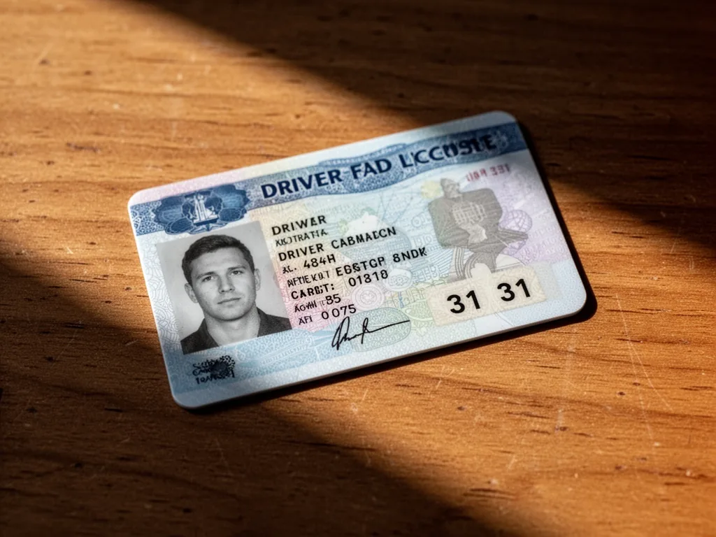 A driver's license card lying on a wooden table, the final digits '31 31' highlighted by a soft shadow, warm afternoon l