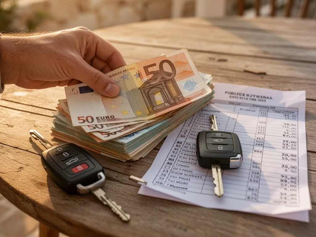 A hand placing a 50-euro bill on a stack of banknotes next to a car key and a printed price list, wooden table, soft ove