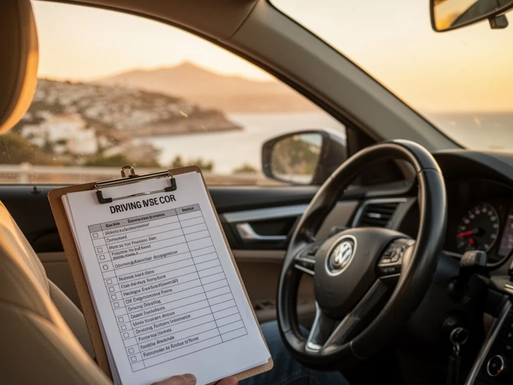 A driving instructor clipboard with checklist rests on passenger seat, steering wheel in foreground, blurred Mediterrane