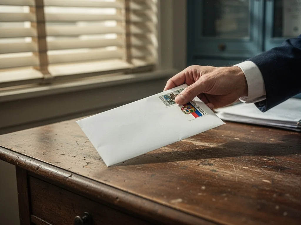 A hand sliding a white envelope with tricolor stamp across a worn wooden desk, soft daylight filtering through venetian