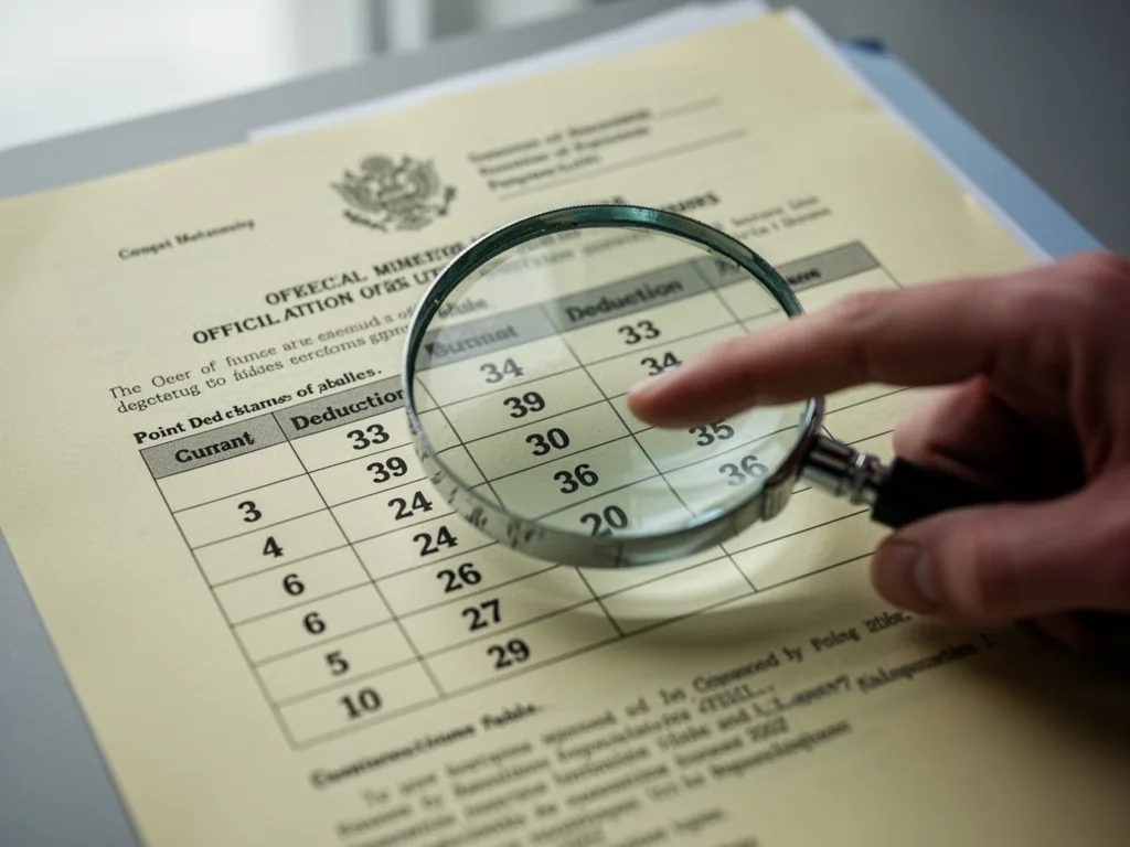 A magnifying glass over a point deduction table on an official letter, blurred index finger pointing at a number, pale y