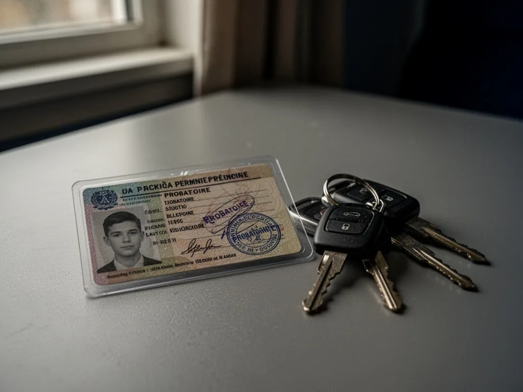 A young driver's plastic permit card with 'Probatoire' stamp placed next to car keys on a gray tabletop, dim ambient lig