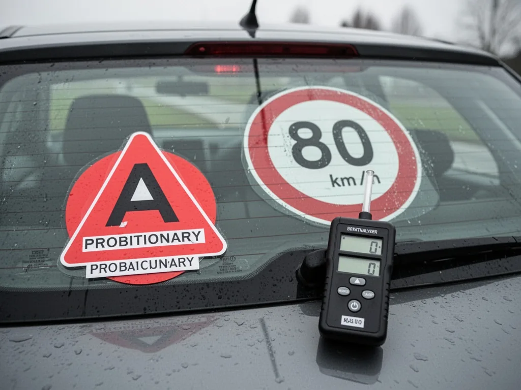 A red 'A' probationary disk on a car's rear window, a speed limit sign for 80 km/h reflected in the glass, a breathalyze