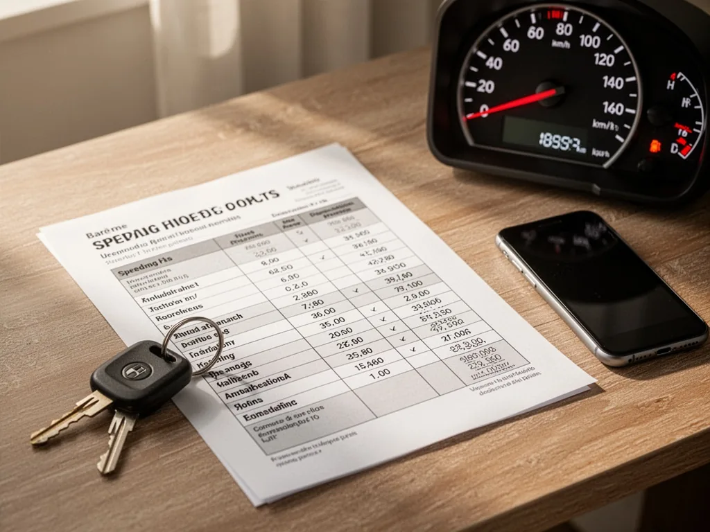 A printed barème of speeding fines and points deductions on a wooden desk, a car key, a speedometer needle at 140 km/h,