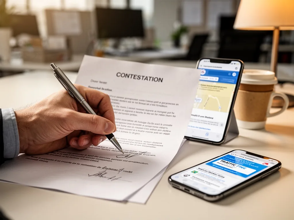 A hand gripping a pen writing on a contestation letter, a smartphone displaying a traffic fine website, a coffee cup, bl