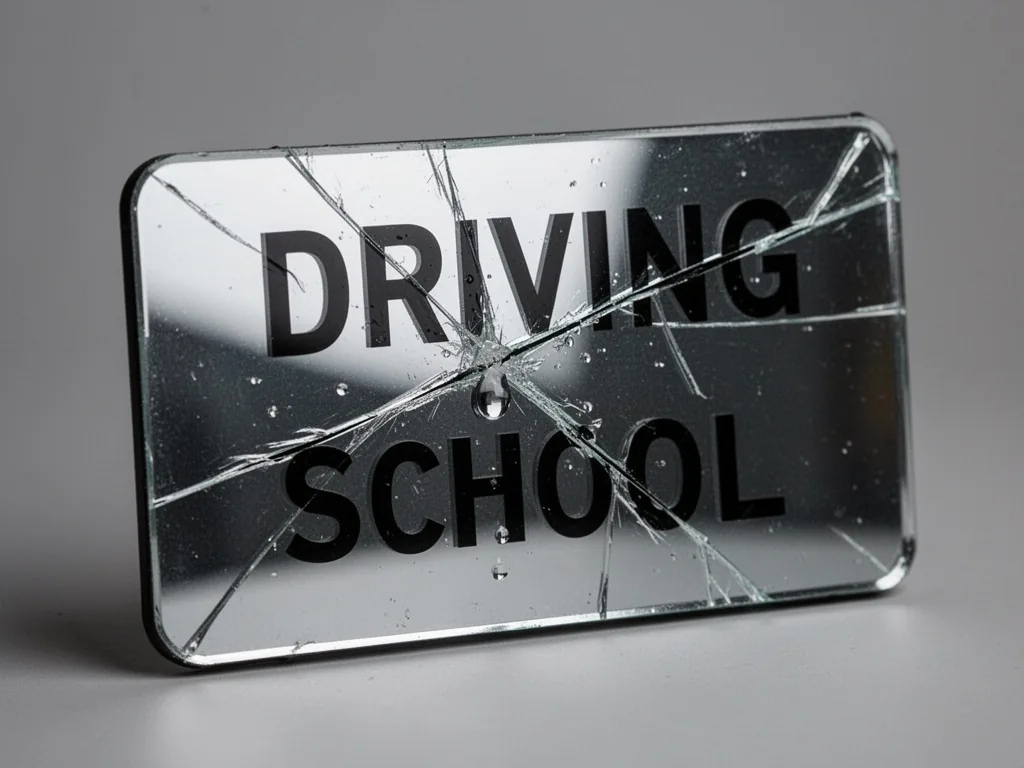 A driving school sign with a deep scratch across its reflective surface, letters still legible, a single water droplet o