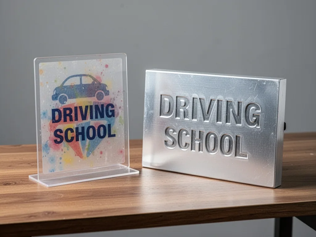 A thin plastic driving school sign with faded colors placed next to a thick aluminum sign with engraved letters, on a wo