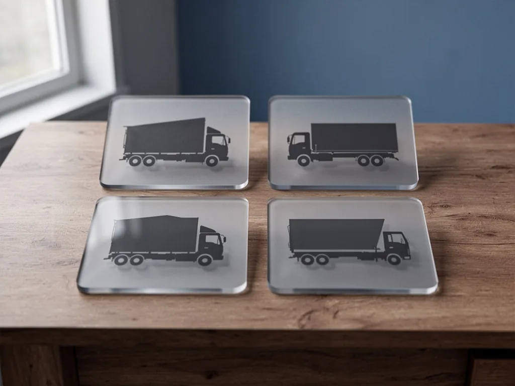 A wooden desk holds four laminated cards in a grid, each with a silhouette of a truck or trailer, soft window light, mut