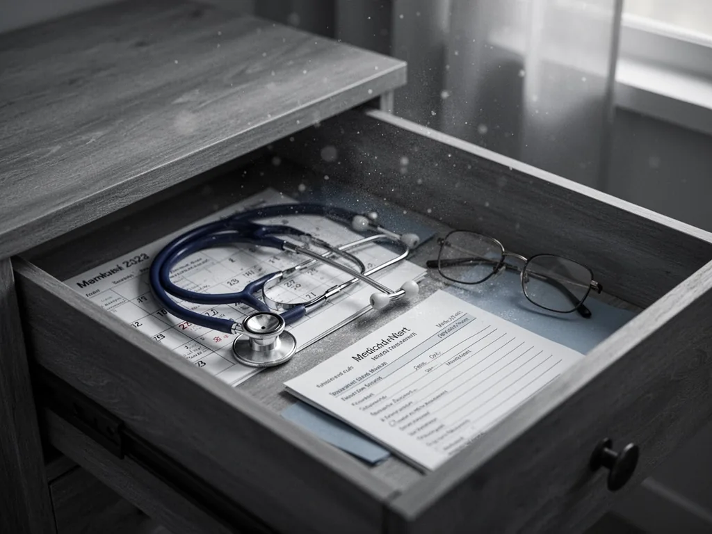 An open wooden drawer containing a stethoscope, a calendar marked with dates, reading glasses, and a medical form, dust 