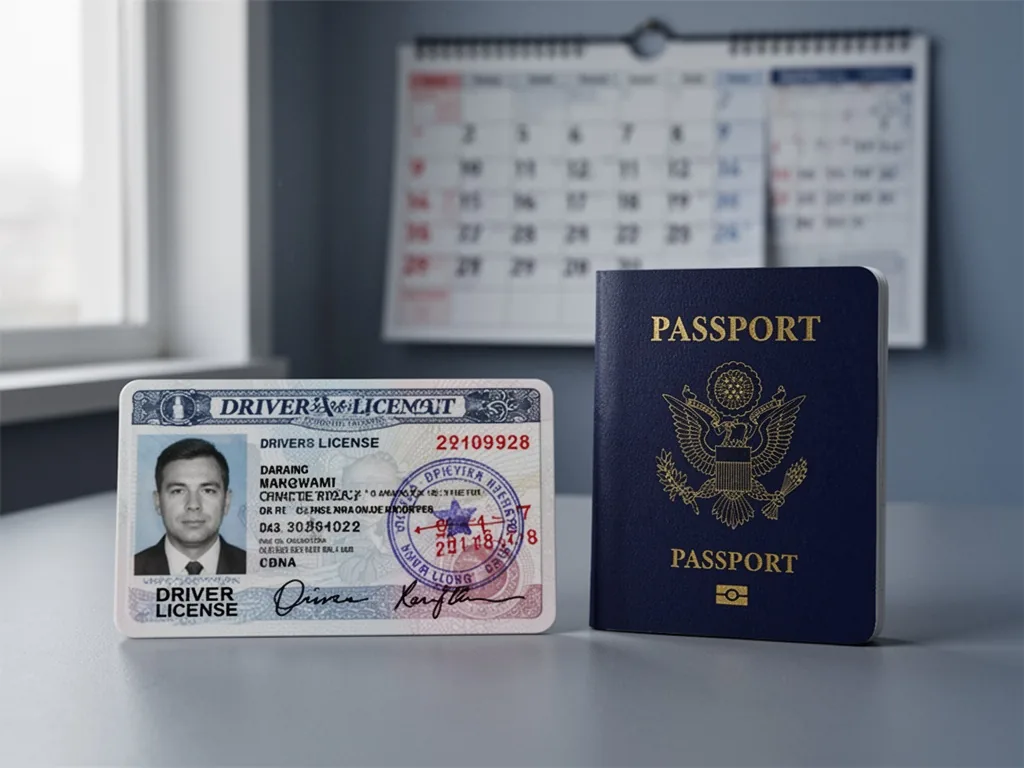 A driver's license card and a passport side by side, an expiration date stamp prominent on the license, a wall calendar 